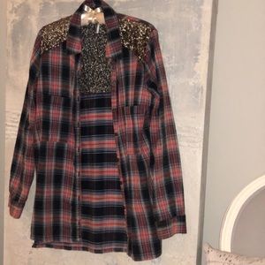 Red & blue Free People flannel with gold sequins